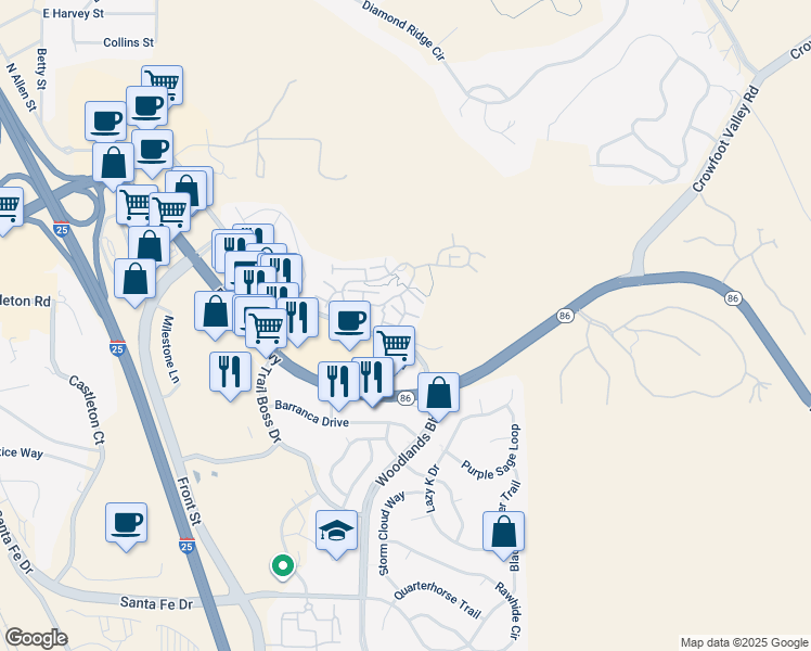 map of restaurants, bars, coffee shops, grocery stores, and more near 759 Rock Mesa Way in Castle Rock