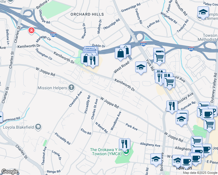 map of restaurants, bars, coffee shops, grocery stores, and more near 1 Bonrock Court in Towson