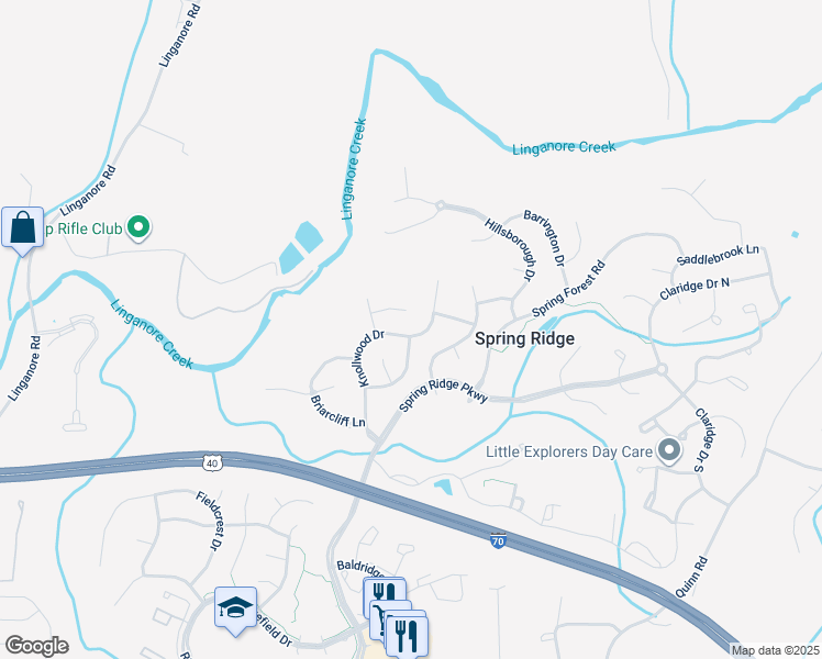 map of restaurants, bars, coffee shops, grocery stores, and more near 6338 Knollwood Drive in Frederick