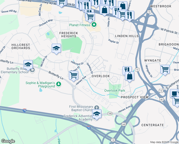 map of restaurants, bars, coffee shops, grocery stores, and more near 603 Himes Avenue in Frederick