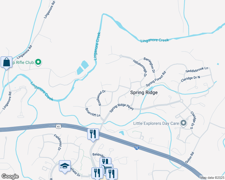 map of restaurants, bars, coffee shops, grocery stores, and more near 6338 Knollwood Drive in Frederick