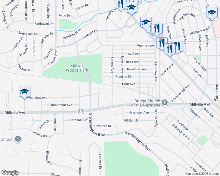 map of restaurants, bars, coffee shops, grocery stores, and more near 1328 Hunt Avenue in Hamilton