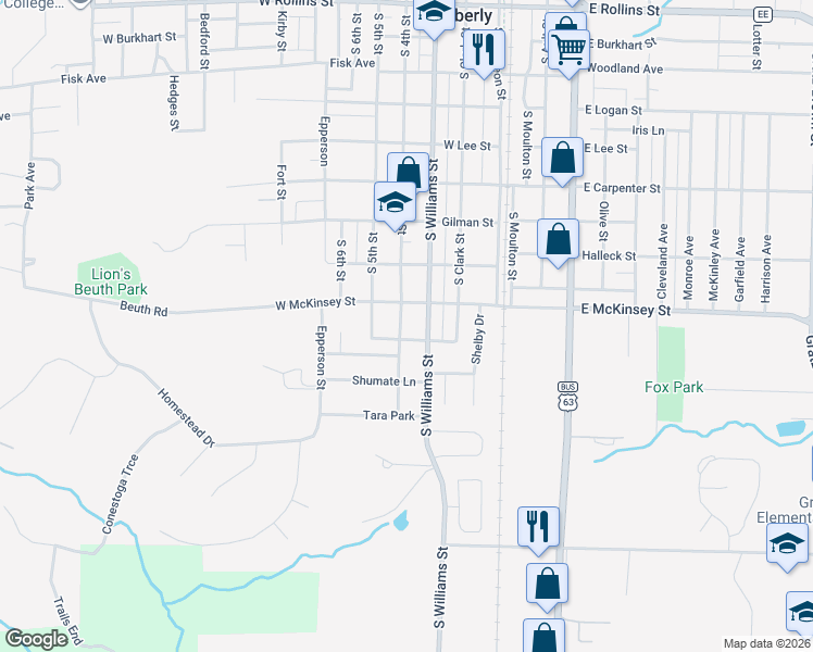 map of restaurants, bars, coffee shops, grocery stores, and more near 900-998 South 4th Street in Moberly