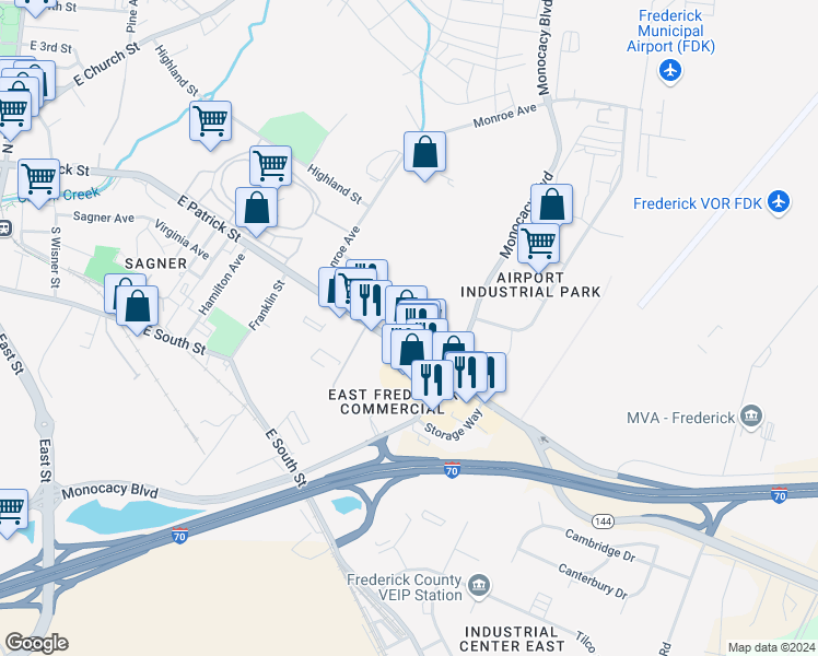 map of restaurants, bars, coffee shops, grocery stores, and more near 2 Davis Avenue in Frederick