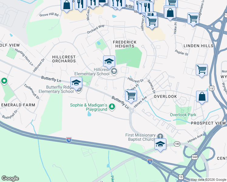 map of restaurants, bars, coffee shops, grocery stores, and more near 533 Beebe Court in Frederick