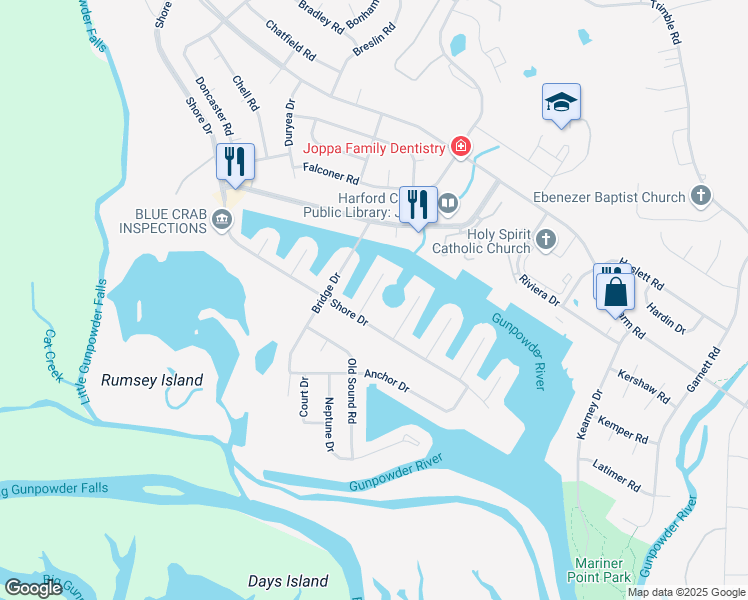 map of restaurants, bars, coffee shops, grocery stores, and more near 109 Breakwater Court in Harford County