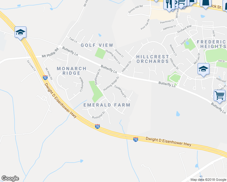 map of restaurants, bars, coffee shops, grocery stores, and more near 600 Bushytail Drive in Frederick