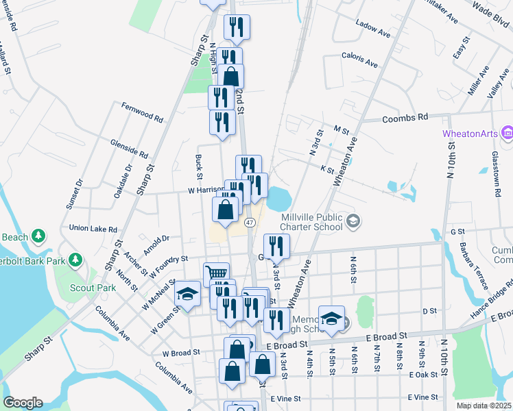 map of restaurants, bars, coffee shops, grocery stores, and more near 1101 North 2nd Street in Millville