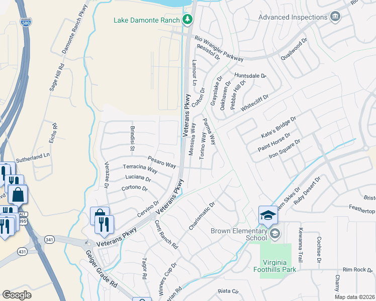 map of restaurants, bars, coffee shops, grocery stores, and more near 11205 Messina Way in Reno