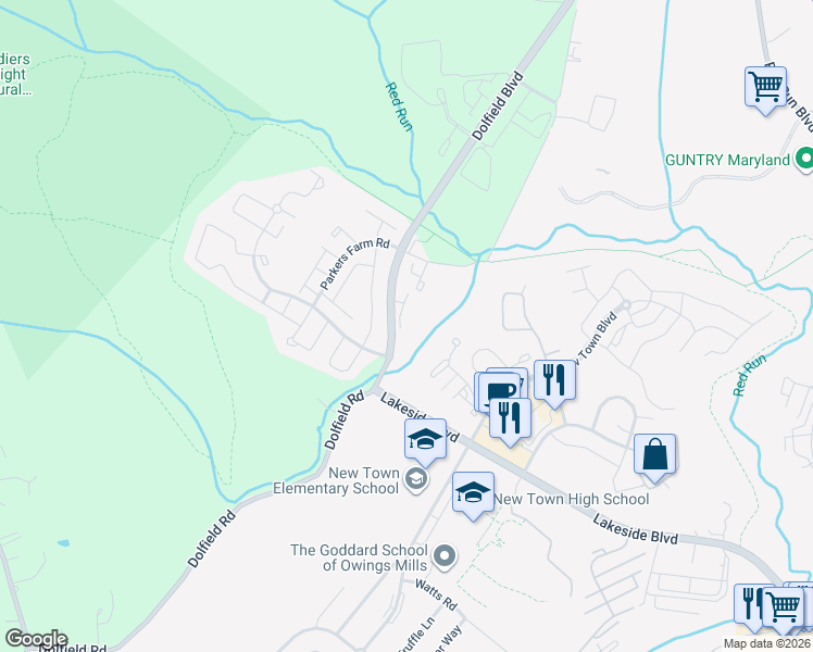 map of restaurants, bars, coffee shops, grocery stores, and more near 4751 Shellbark Road in Owings Mills