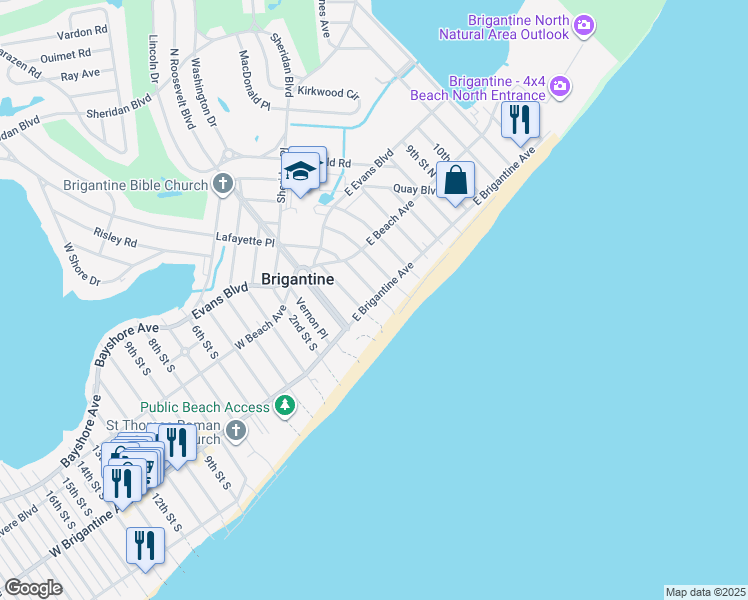 map of restaurants, bars, coffee shops, grocery stores, and more near in Brigantine