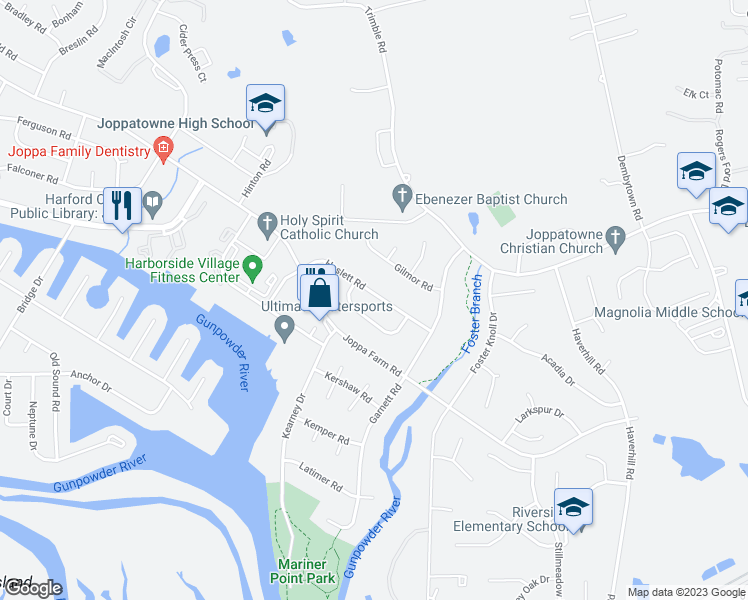 map of restaurants, bars, coffee shops, grocery stores, and more near 418 Haslett Road in Harford County