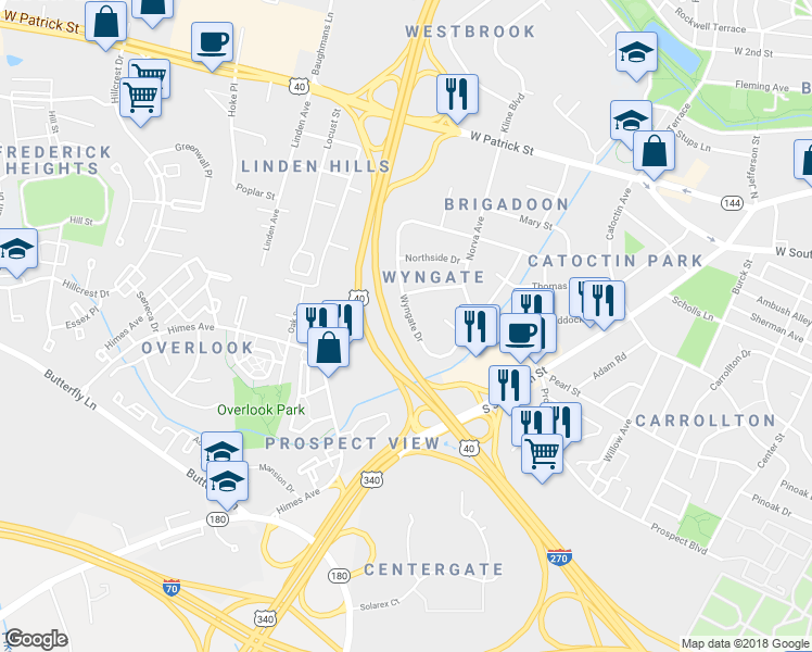 map of restaurants, bars, coffee shops, grocery stores, and more near 233 Wyngate Drive in Frederick
