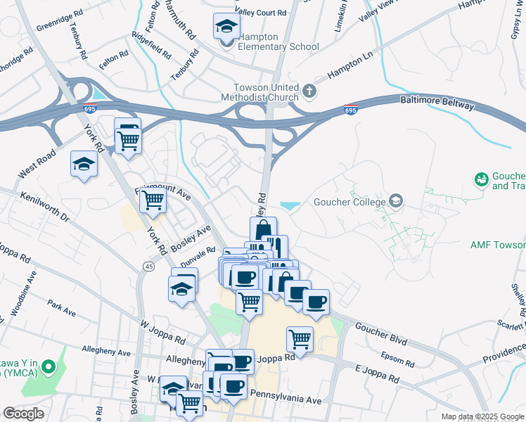 map of restaurants, bars, coffee shops, grocery stores, and more near 1021 Dulaney Valley Road in Towson