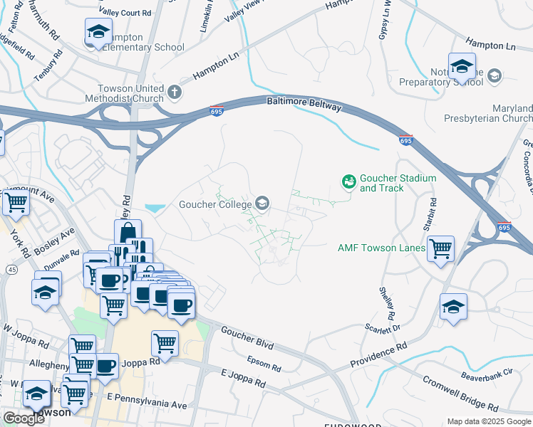 map of restaurants, bars, coffee shops, grocery stores, and more near 1021 Dulaney Valley Road in Towson