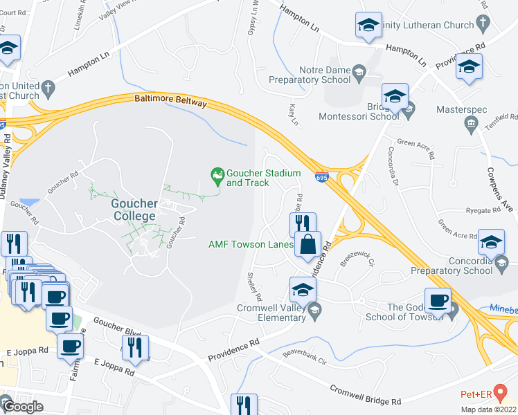 map of restaurants, bars, coffee shops, grocery stores, and more near 908 Southwick Drive in Towson