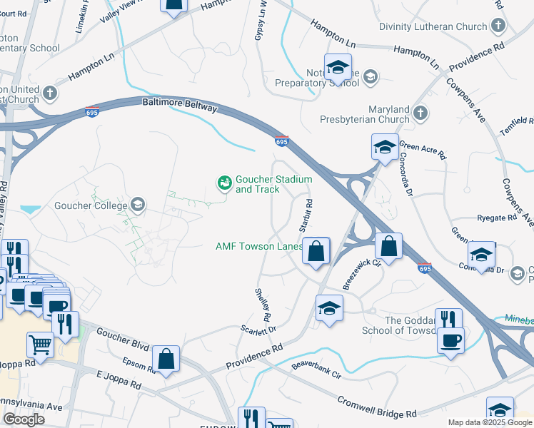 map of restaurants, bars, coffee shops, grocery stores, and more near 908 Southwick Drive in Towson