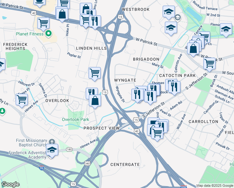 map of restaurants, bars, coffee shops, grocery stores, and more near 233 Wyngate Drive in Frederick