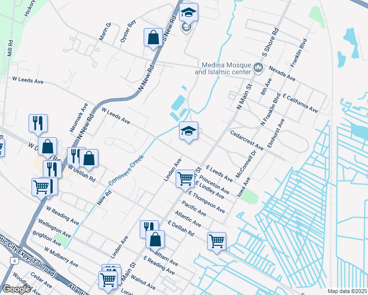 map of restaurants, bars, coffee shops, grocery stores, and more near 100 West Leeds Avenue in Pleasantville