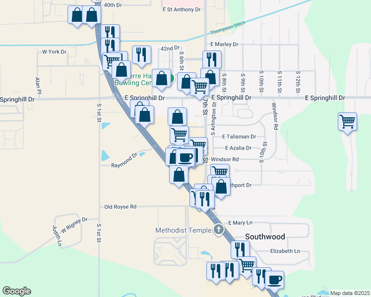 map of restaurants, bars, coffee shops, grocery stores, and more near 4714 South US Highway 41 in Terre Haute