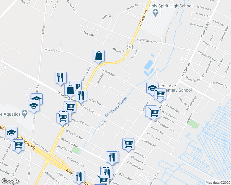map of restaurants, bars, coffee shops, grocery stores, and more near 100-524 Sassafras Run in Pleasantville