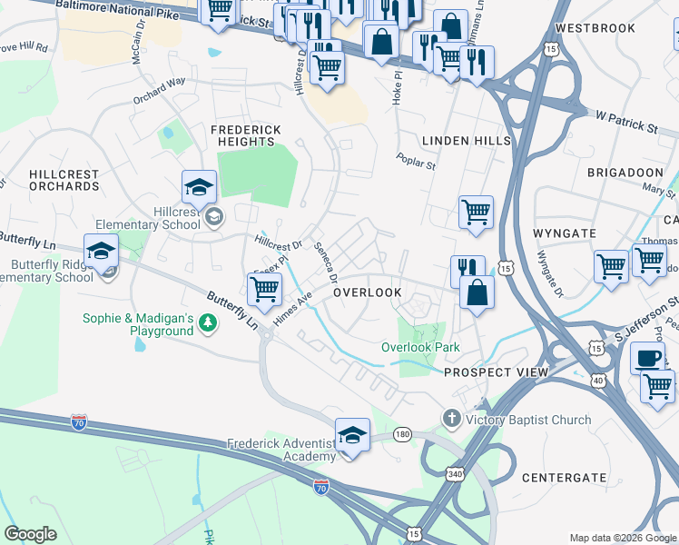 map of restaurants, bars, coffee shops, grocery stores, and more near 643 Boysenberry Lane in Frederick
