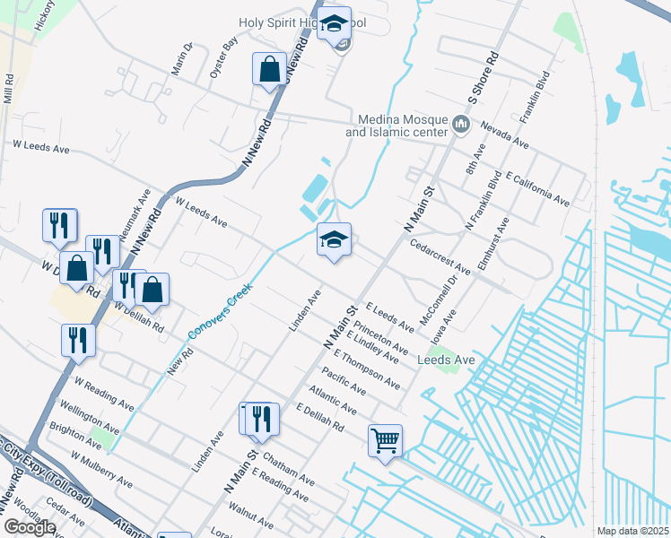 map of restaurants, bars, coffee shops, grocery stores, and more near 100 West Leeds Avenue in Pleasantville