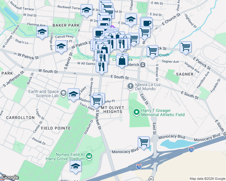 map of restaurants, bars, coffee shops, grocery stores, and more near 242 South Market Street in Frederick