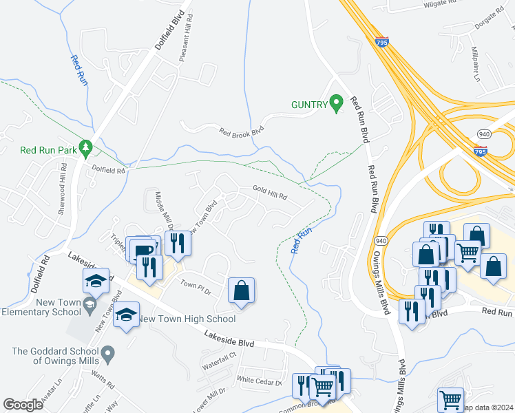 map of restaurants, bars, coffee shops, grocery stores, and more near 119 Egypt Farms Road in Owings Mills