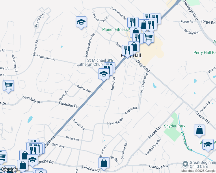 map of restaurants, bars, coffee shops, grocery stores, and more near 9515 Belair Rd in Perry Hall