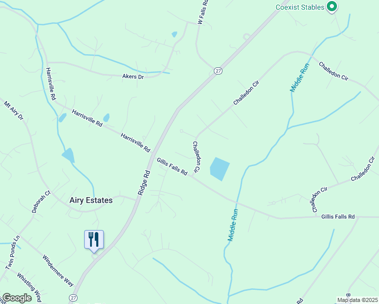 map of restaurants, bars, coffee shops, grocery stores, and more near 3656 Camel Back Drive in Mount Airy