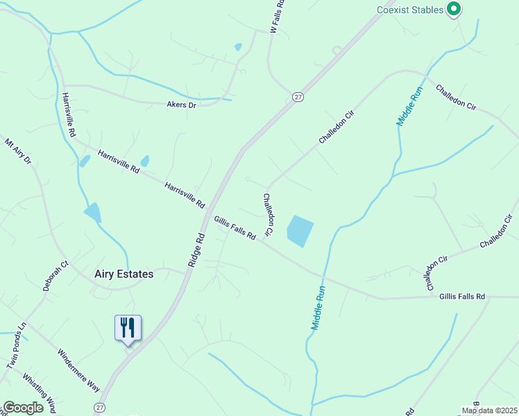 map of restaurants, bars, coffee shops, grocery stores, and more near 3656 Camel Back Drive in Mount Airy