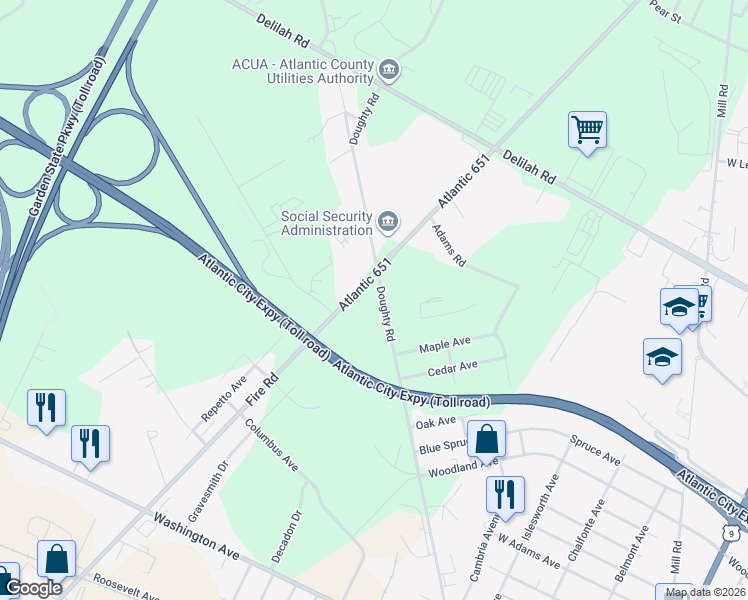 map of restaurants, bars, coffee shops, grocery stores, and more near 1400 Doughty Road in Egg Harbor Township