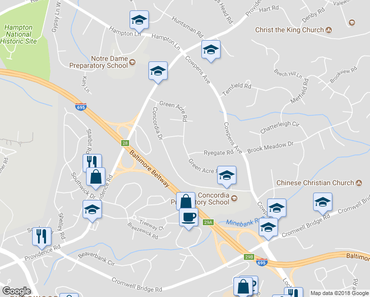 map of restaurants, bars, coffee shops, grocery stores, and more near 1104 Green Acre Road in Towson