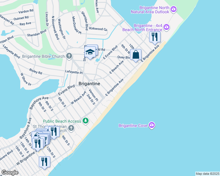 map of restaurants, bars, coffee shops, grocery stores, and more near 216 3rd Street South in Brigantine