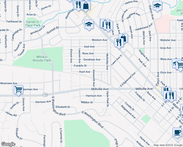 map of restaurants, bars, coffee shops, grocery stores, and more near 1102 Hunt Avenue in Hamilton
