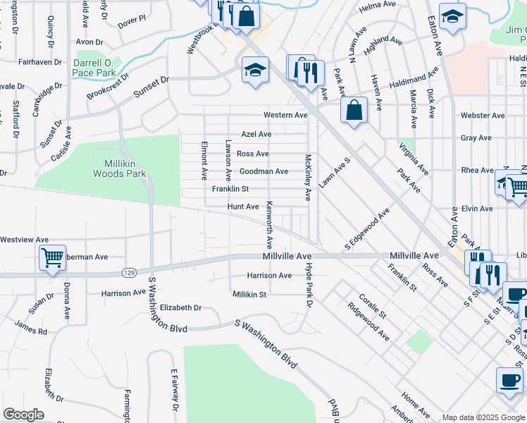 map of restaurants, bars, coffee shops, grocery stores, and more near 1102 Hunt Avenue in Hamilton