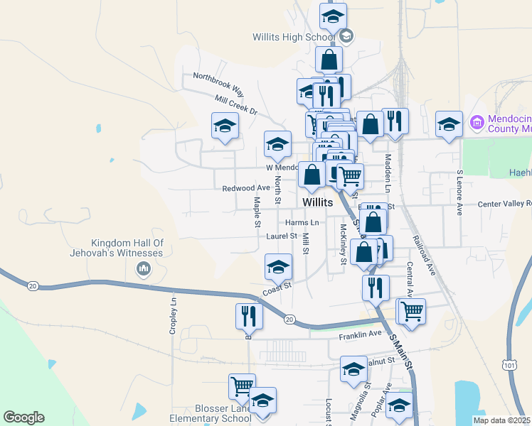 map of restaurants, bars, coffee shops, grocery stores, and more near 257 Pine Street in Willits