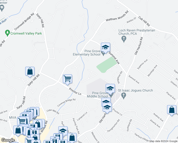 map of restaurants, bars, coffee shops, grocery stores, and more near 2611 Pearwood Road in Parkville