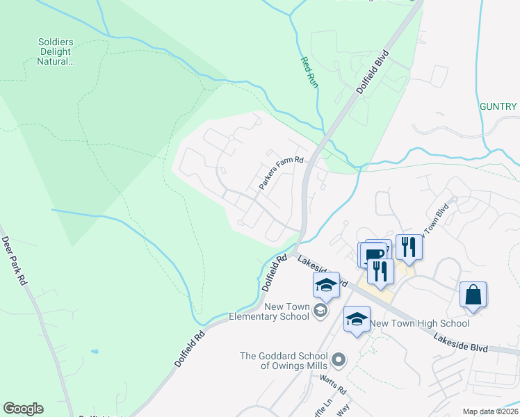 map of restaurants, bars, coffee shops, grocery stores, and more near 4701 Wainwright Circle in Owings Mills
