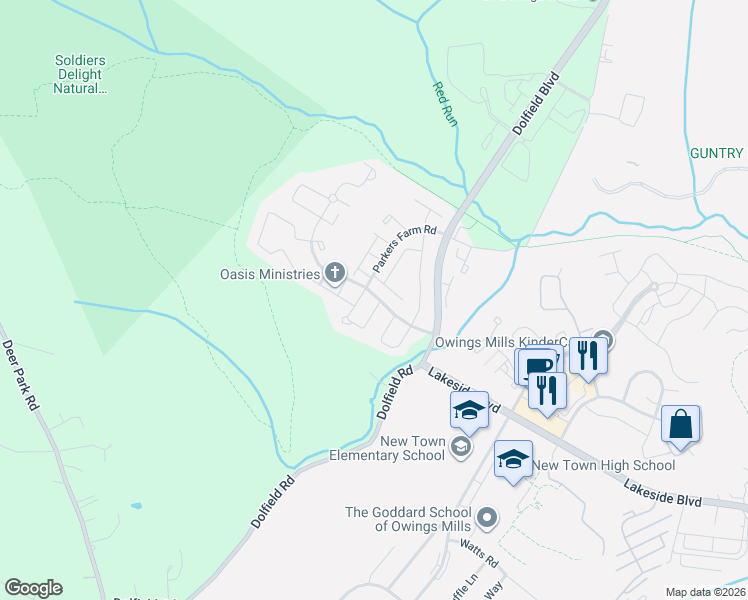 map of restaurants, bars, coffee shops, grocery stores, and more near 4701 Wainwright Circle in Owings Mills