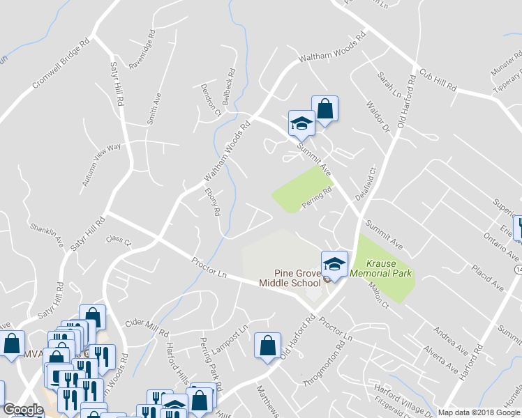 map of restaurants, bars, coffee shops, grocery stores, and more near 2632 Pearwood Road in Parkville
