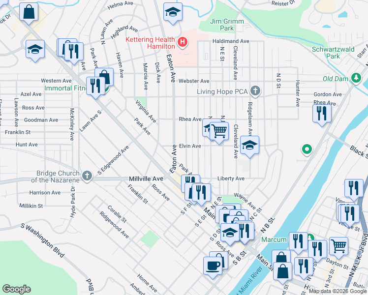 map of restaurants, bars, coffee shops, grocery stores, and more near 202 Eaton Avenue in Hamilton