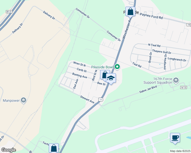 map of restaurants, bars, coffee shops, grocery stores, and more near 58 Bird Street North in Martinsburg