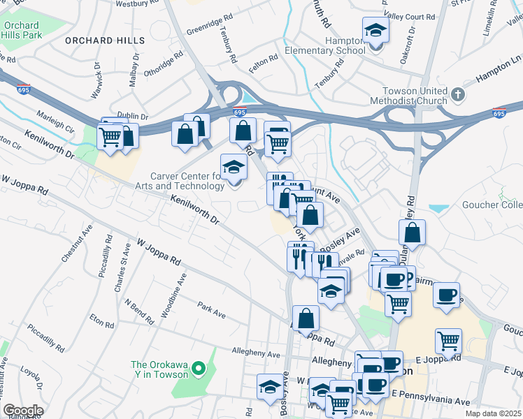 map of restaurants, bars, coffee shops, grocery stores, and more near 938 York Road in Towson