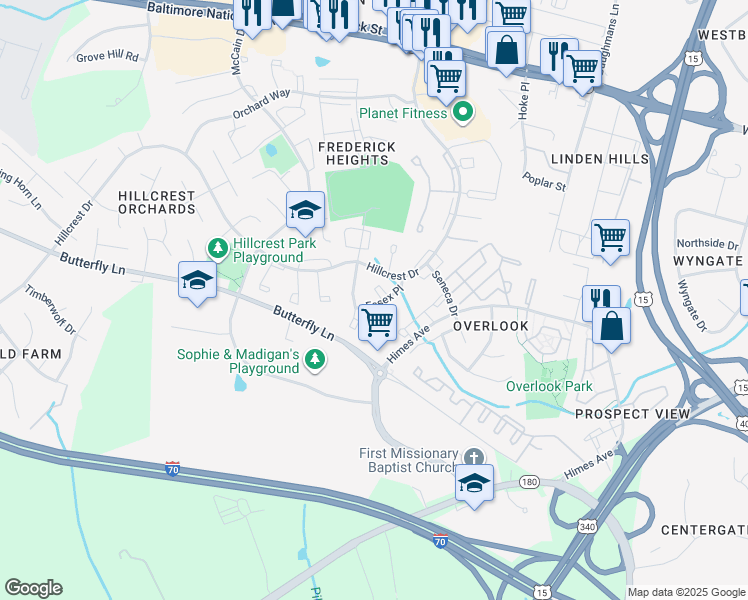 map of restaurants, bars, coffee shops, grocery stores, and more near 547 Wellington Court in Frederick