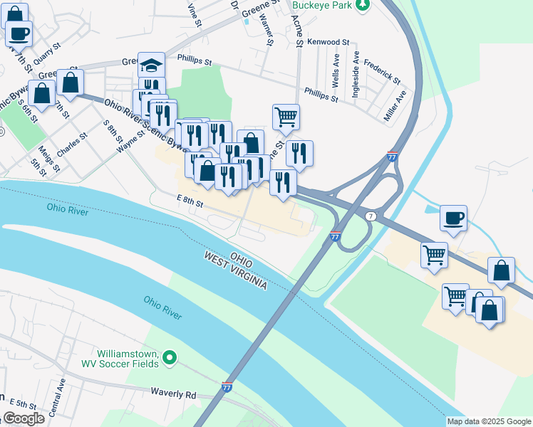 map of restaurants, bars, coffee shops, grocery stores, and more near 502 Pike Street in Marietta