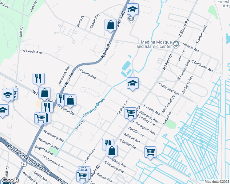 map of restaurants, bars, coffee shops, grocery stores, and more near 141 West Leeds Avenue in Pleasantville