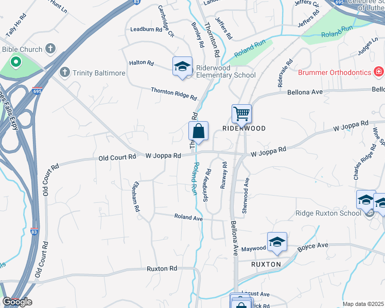map of restaurants, bars, coffee shops, grocery stores, and more near W Joppa Rd & Thornton Rd in Towson