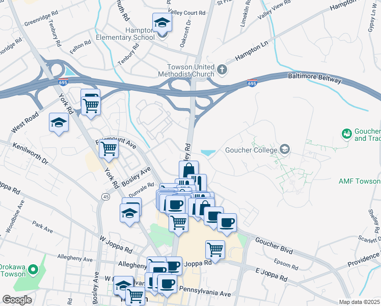 map of restaurants, bars, coffee shops, grocery stores, and more near in Towson